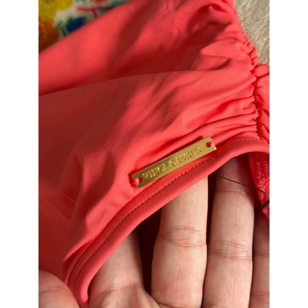 Vince Camuto One Shoulder Knot Tankini Set Pop Coral Pink High Waist Large NEW